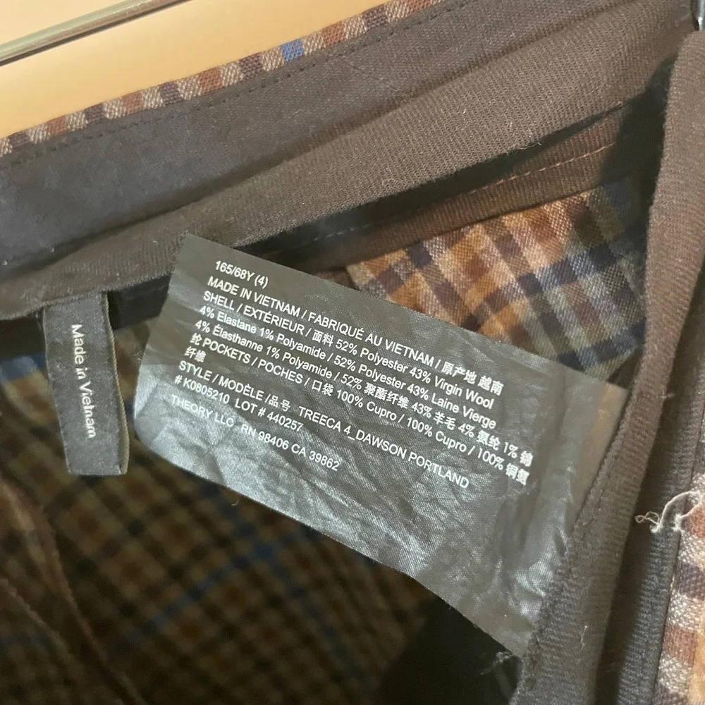 Theory Testra Plaid Wool Blend Dress Pants Size 4 - Picture 6 of 6